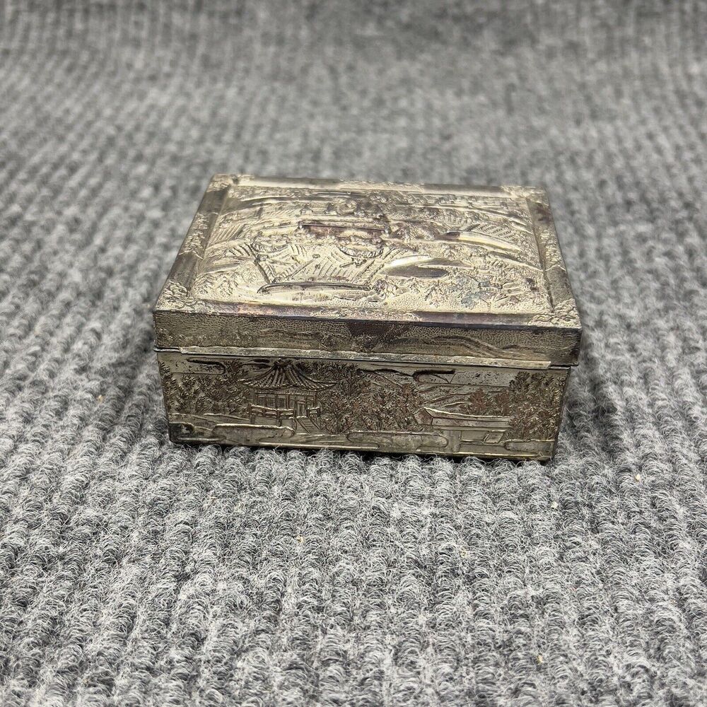 Vintage Trinket Vanity Box Wooden‎ Lined Inside Silvertone Detailed 4x3 Japan